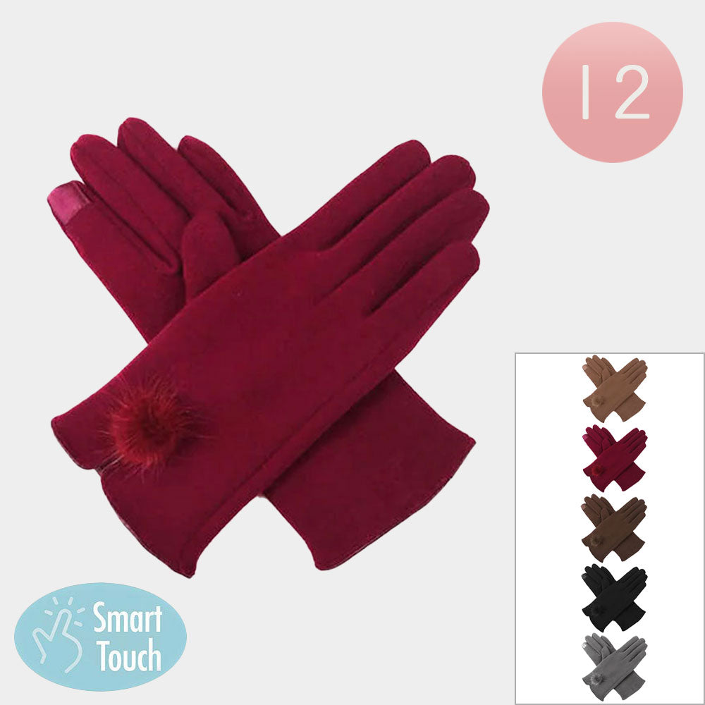 12Pairs - Pom Pom Accent Smart Touch Winter Gloves