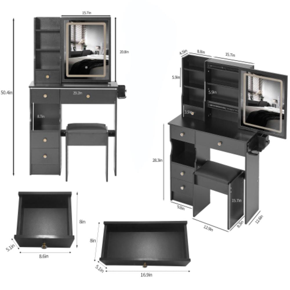 Modern Vanity Desk with Cushioned Stool and LED Mirror