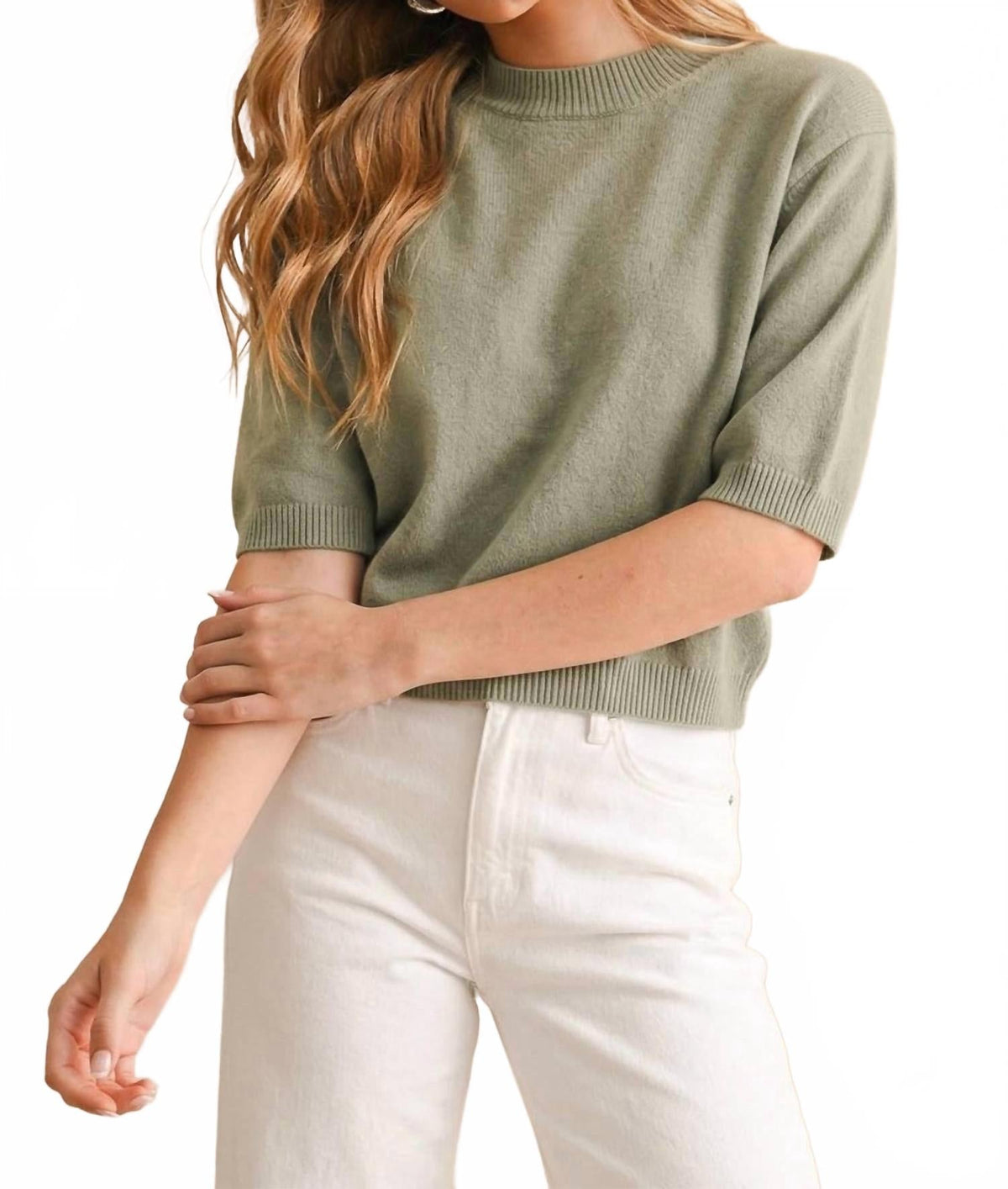 Cassie Short Sleeve Sweater Top In Sage Butter
