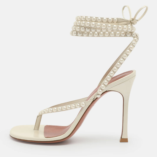 Amina Muaddi Size 38.5 White Leather Pearl Embellished Ankle Strap Sandals