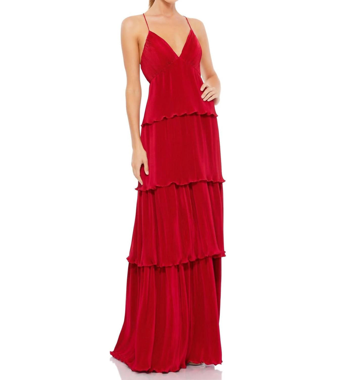V-Neck Layered Ruffle Pleated Maxi Dress