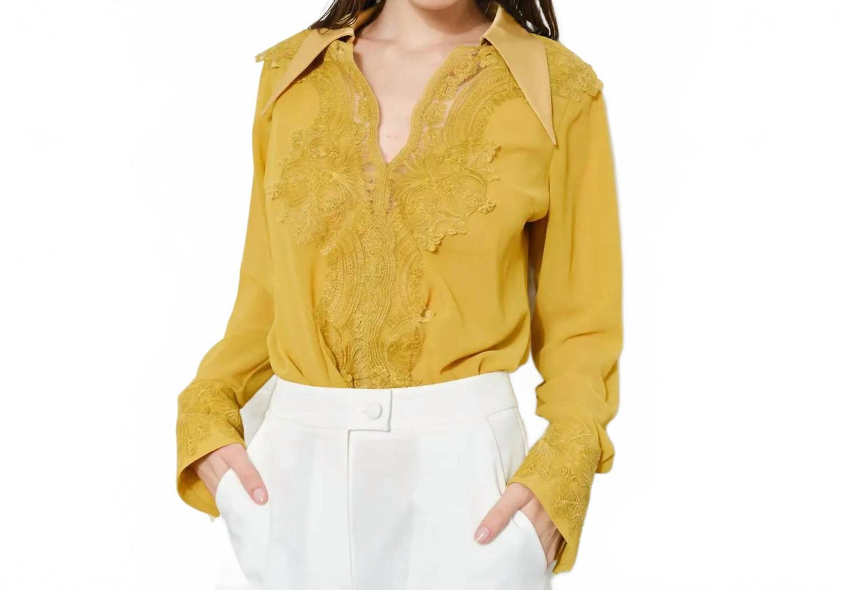 Luxe Lace V Neck Long Sleeve Blouse Top In Amber