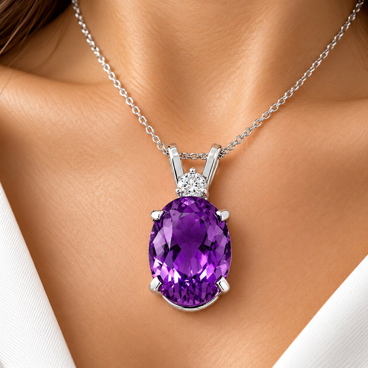 14x10mm Oval Amethyst Diamond 10k White Gold Pendant Women's Necklace 18"
