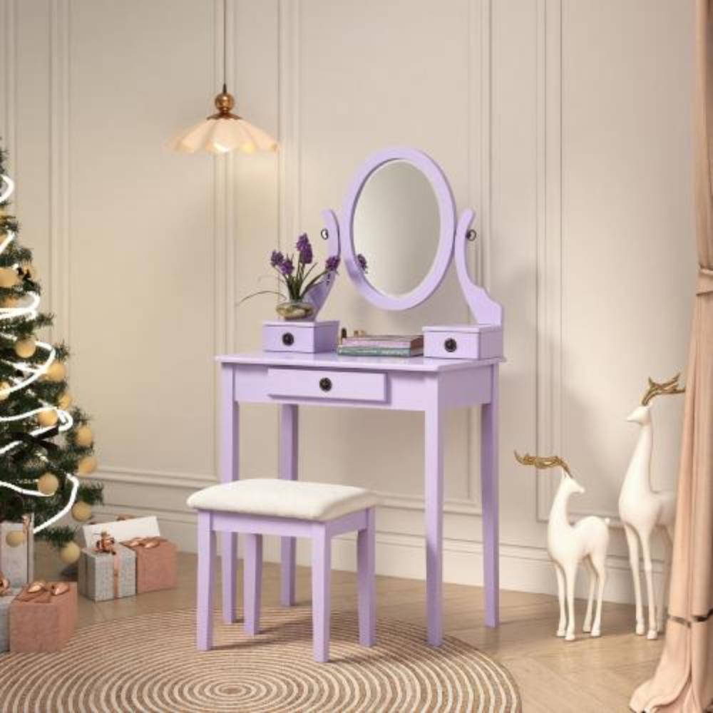 Compact Makeup Table with Matching Wooden Stool