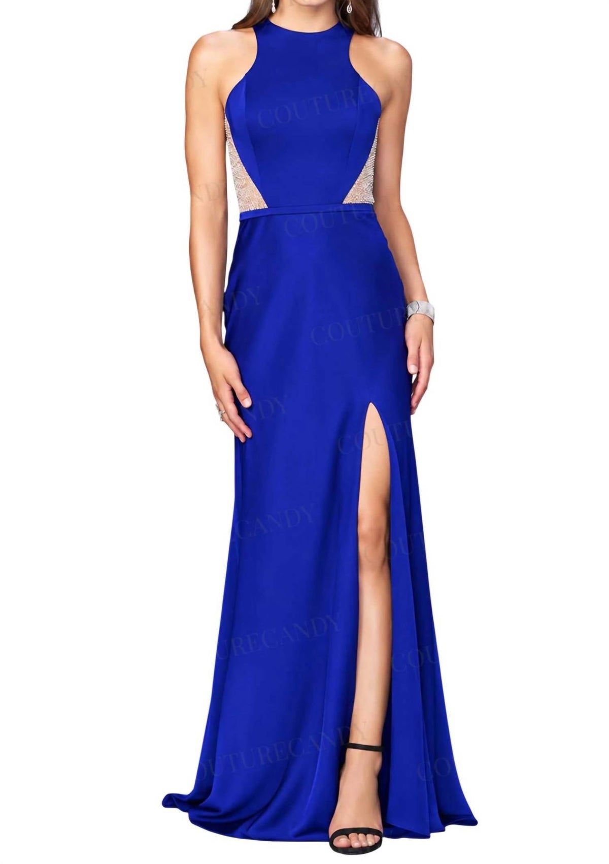 Halter Neck Hour Glass Illusion Prom Maxi Dress In Sapphire Blue