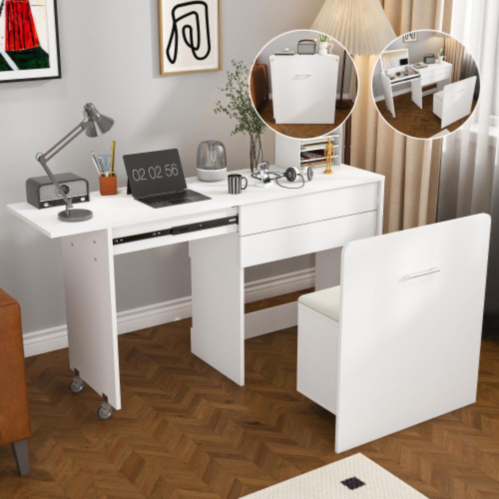 Folding Bedroom Desk with Mirror and Hidden Compartments
