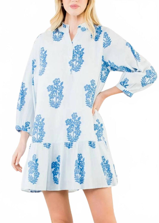Blockprint Floral Tiered Dress In Blue