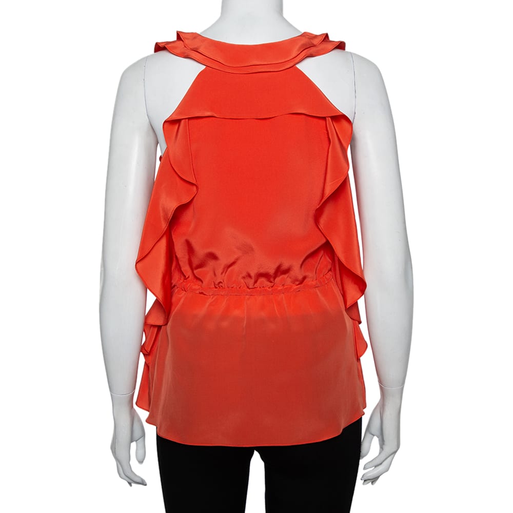 Oscar de la Renta Orange Ruffled Silk Sleeveless Top S