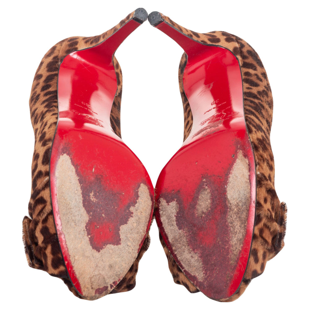 Christian Louboutin Brown Animal Print Calf Hair Knotted Peep Toe Pumps Size 39
