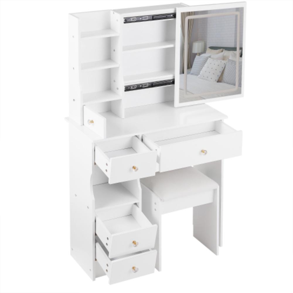 Compact Vanity Desk with Touch-Control LED Mirror and Stool