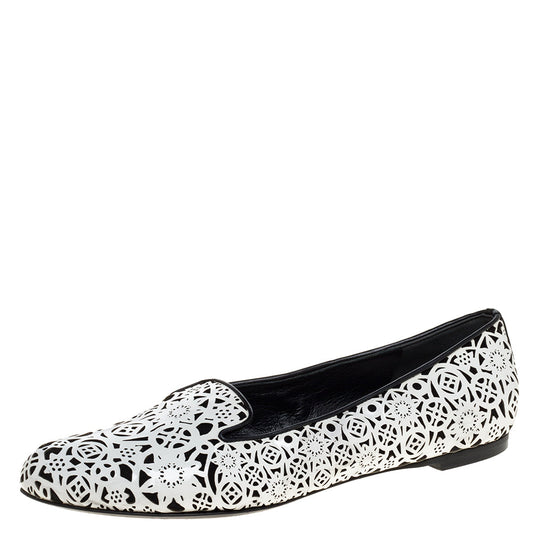 Alexander McQueen Monochrome Laser Cut Patent Leather Smoking Slippers Size 37