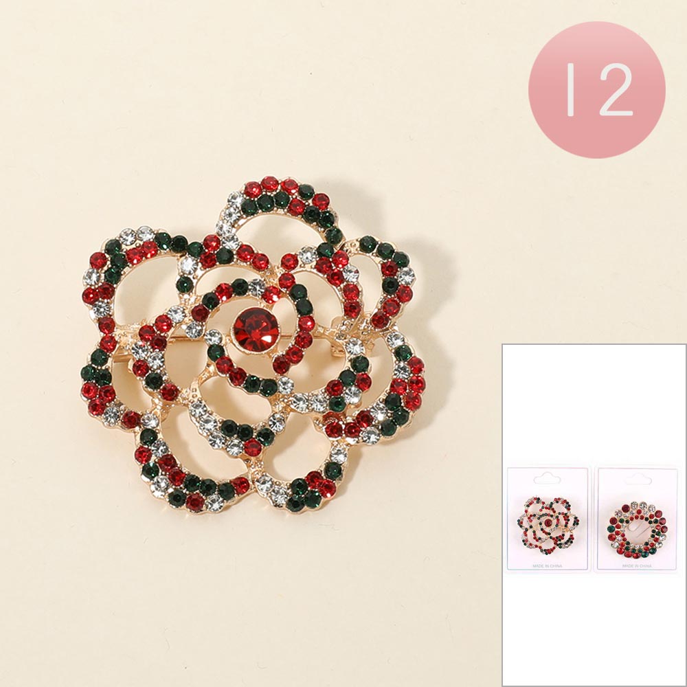 12PCS - Rhinestone Holiday Rose Wreath Pin Brooches