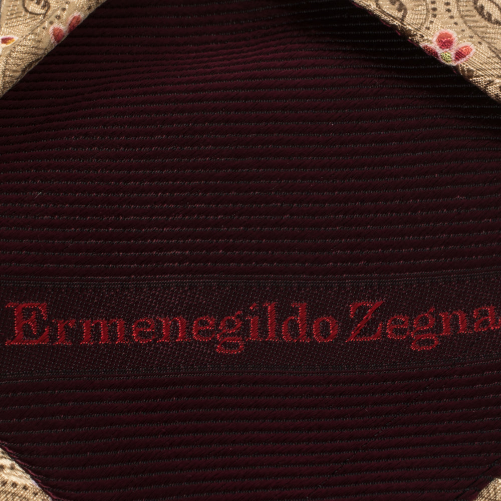Ermenegildo Zegna Disegno Esclusivo Cream Floral Patterned Silk Traditional Tie