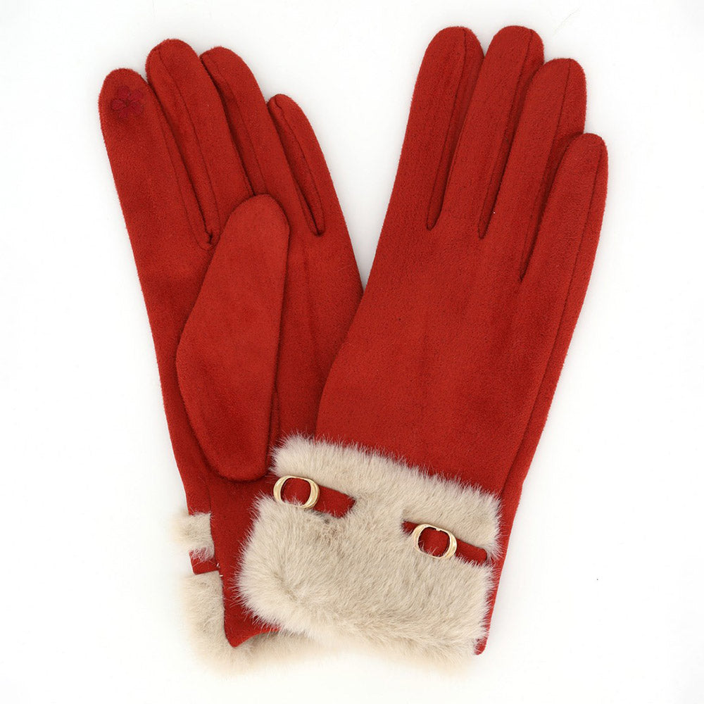 Belt Accent Faux Fur Cuff Trim Smart Touch Gloves