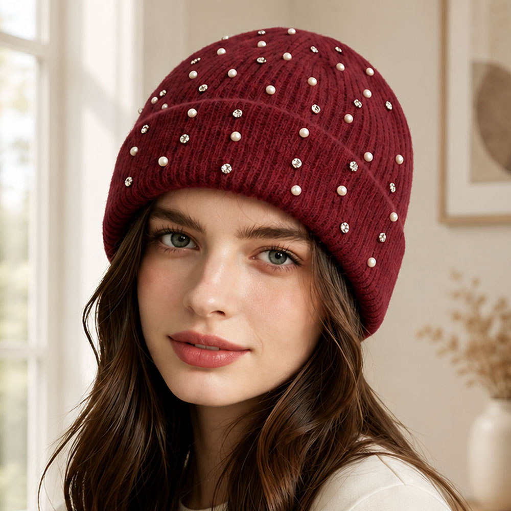 Pearl Rhinestone Embellished Ribbed Knit Winter Beanie Hat