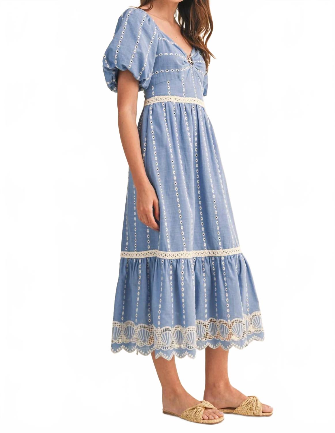 Embroidered Eyelet Seashell Hem Midi Dress In Ocean Blue