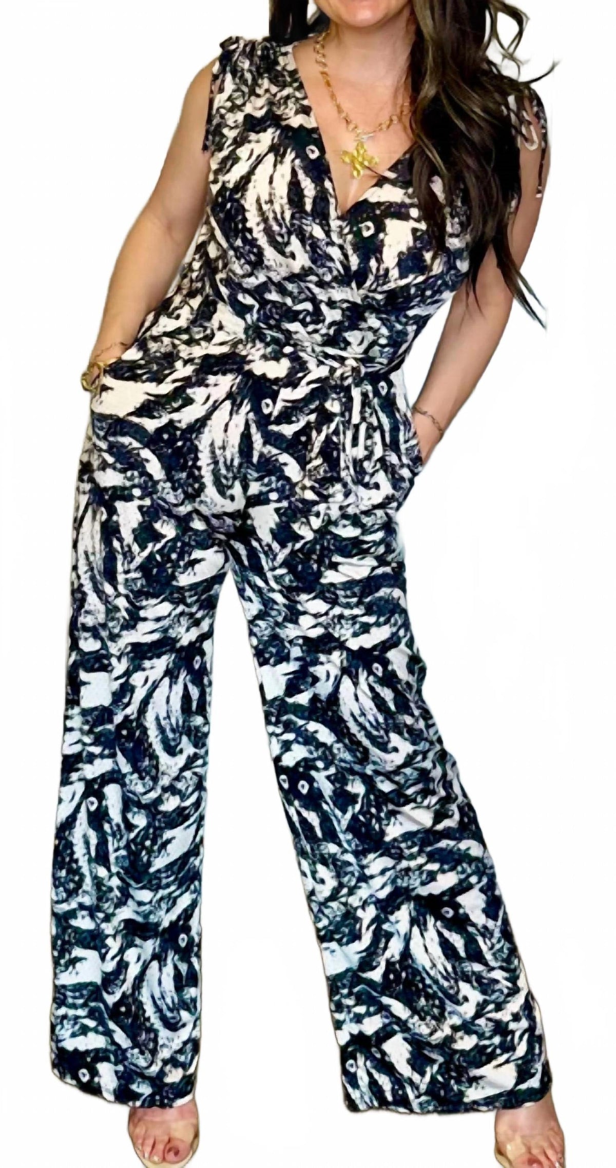 Printed Surplice Jumpsuit With Belt In Black Print