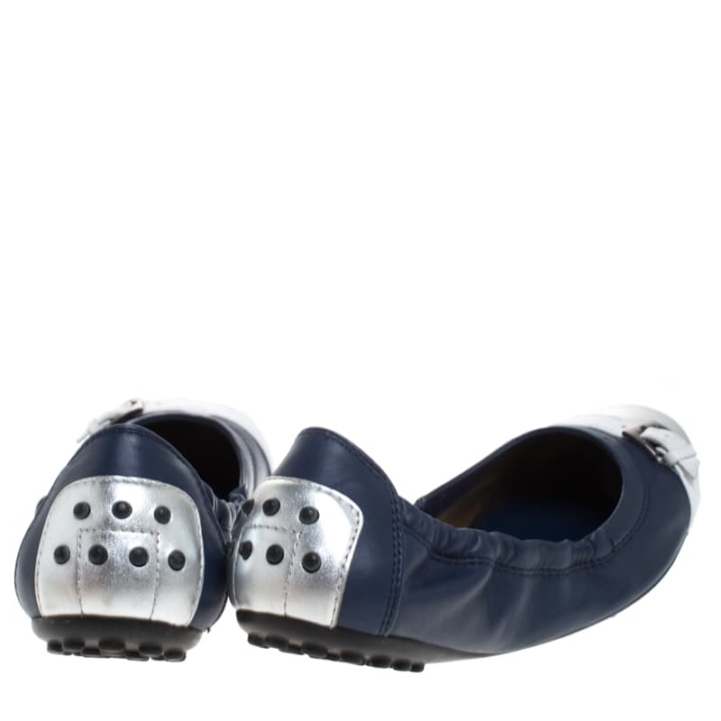 Tod's Blue/Silver Leather Cap Toe Scrunch Ballet Flats Size 36.5