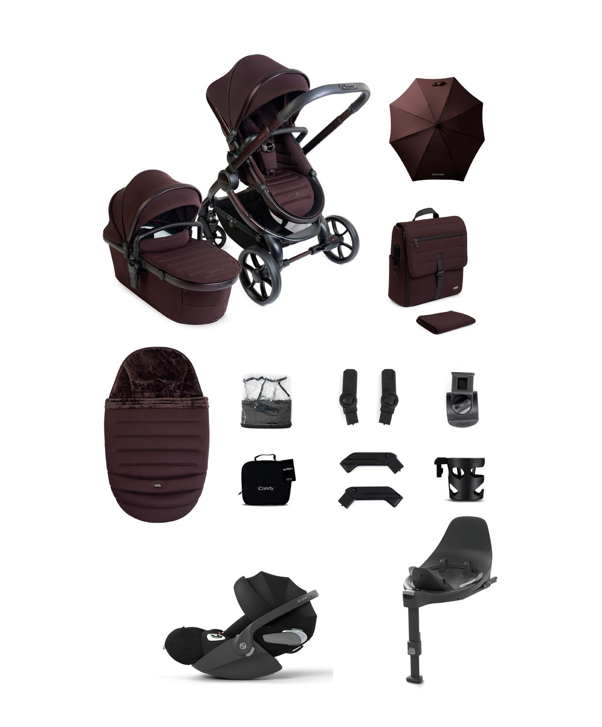 iCandy Peach 8 Complete Pushchair Bundle with Cybex Cloud T i-Size Rotating Baby Car Seat - Coffee Bean