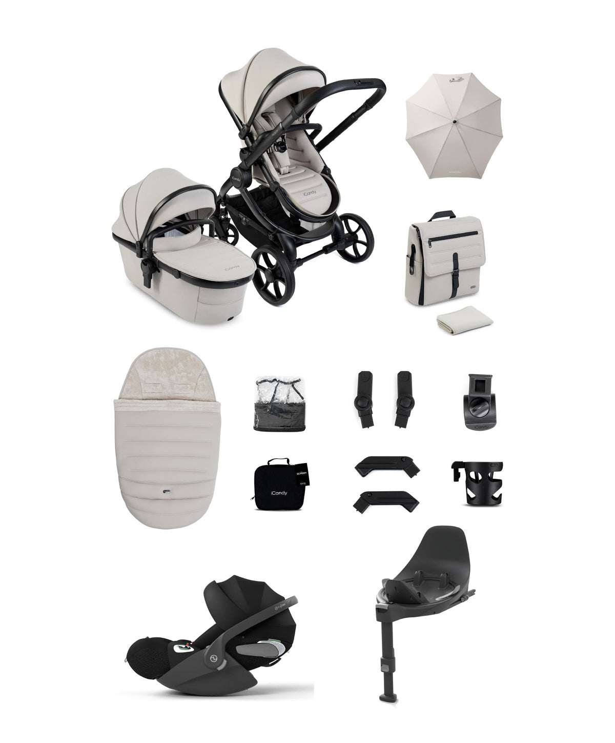 iCandy Peach 8 Complete Pushchair Bundle with Cybex Cloud T i-Size Rotating Baby Car Seat - Taupe