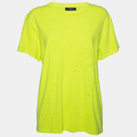 Amiri Neon Green Cotton Distressed Finish Crew Neck Short Sleeve Top S