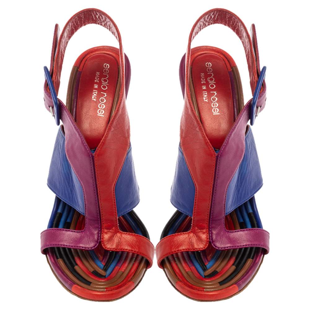 Sergio Rossi Multicolor Leather Buckle Slingback Sandals Size 37.5