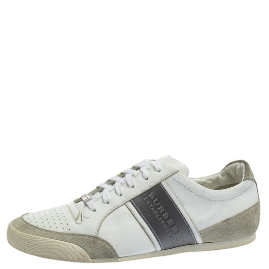 Burberry White/Grey Leather and Suede Lace Up Sneakers Size 42