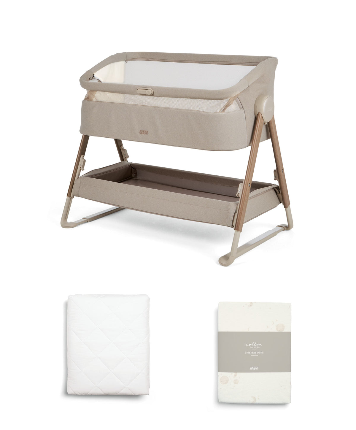 Lua 2 Bedside Crib Bundle with Cosmic Sheets & Mattress Protector - Mocha