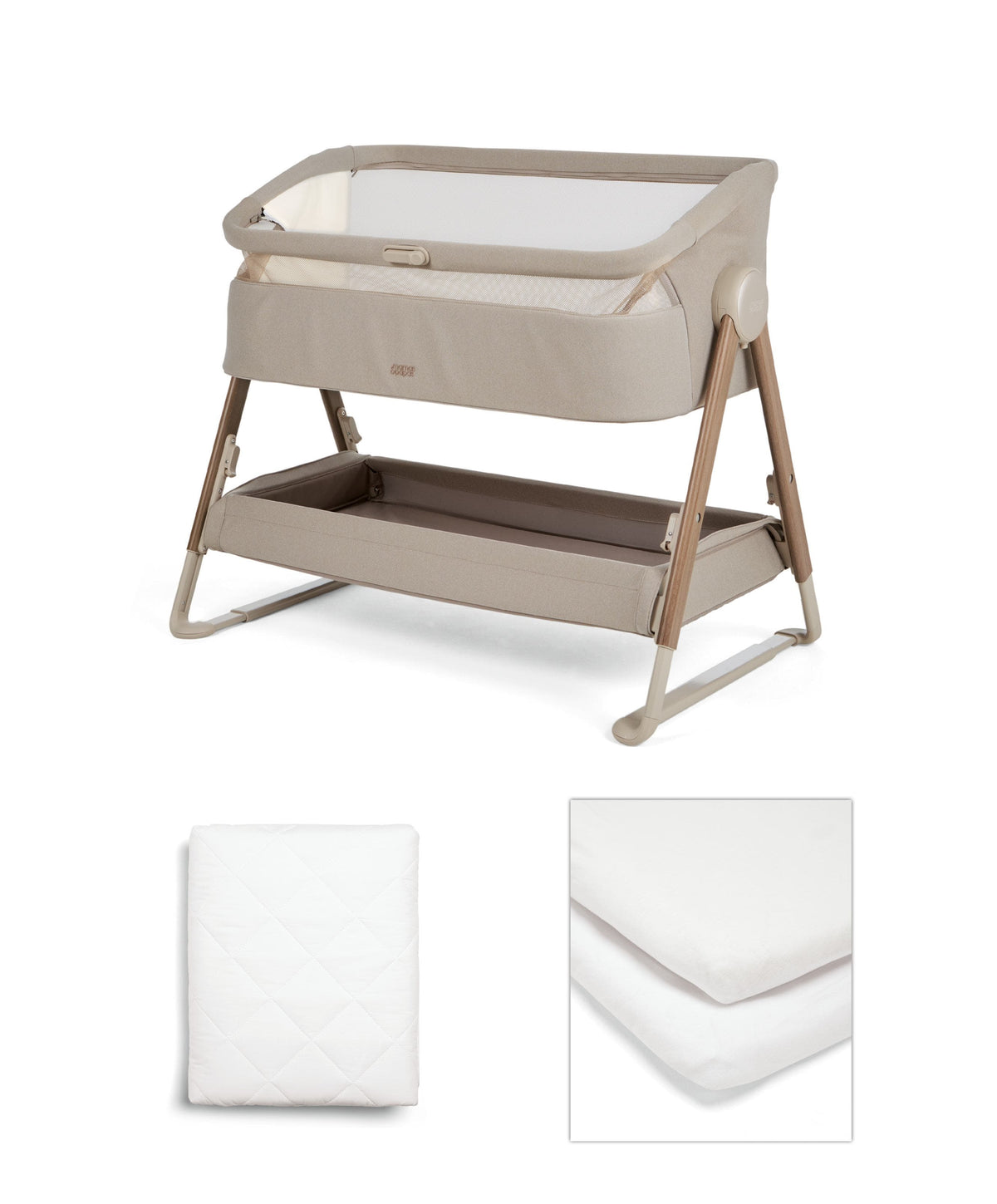 Lua 2 Bedside Crib Bundle with White Sheets & Mattress Protector - Mocha