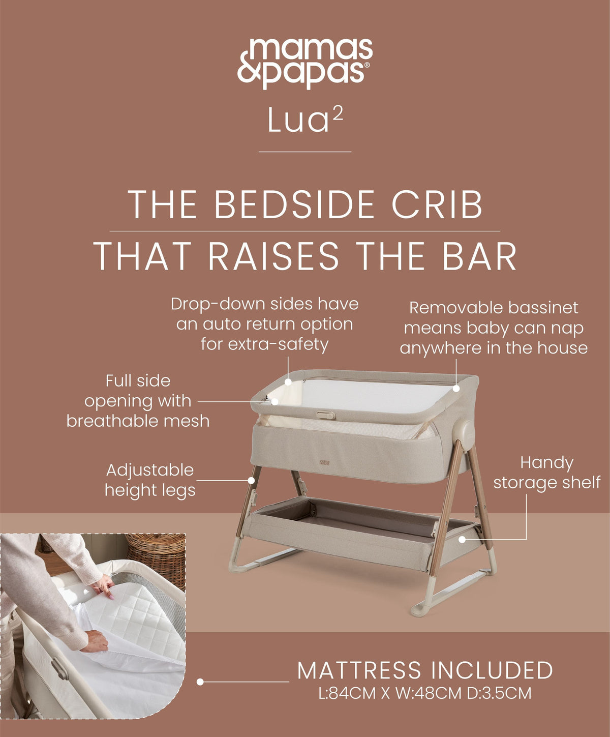 Lua 2 Bedside Crib Bundle with White Sheets & Mattress Protector - Mocha