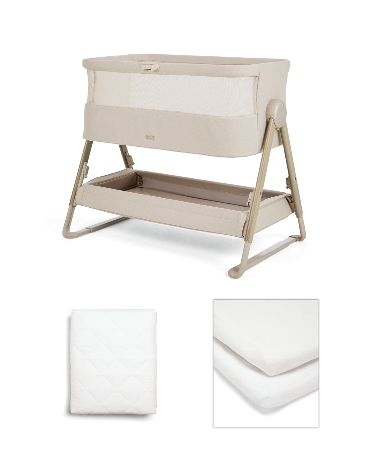 Lua 2 Bedside Crib Bundle with White Sheets & Mattress Protector - Sand