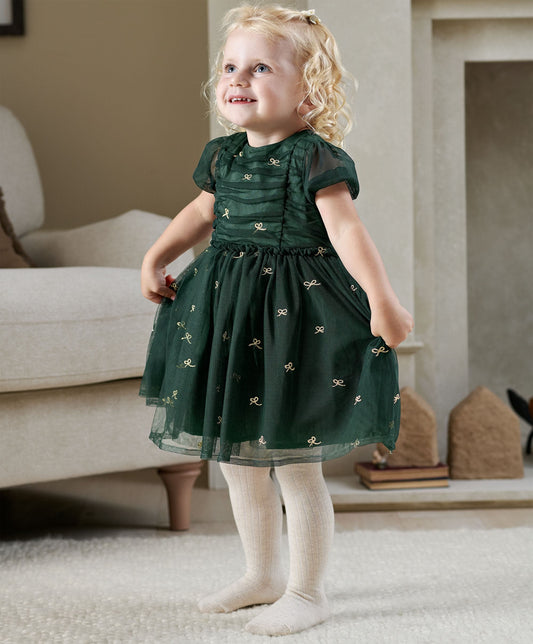 Green Bow Mesh Embroidery Dress