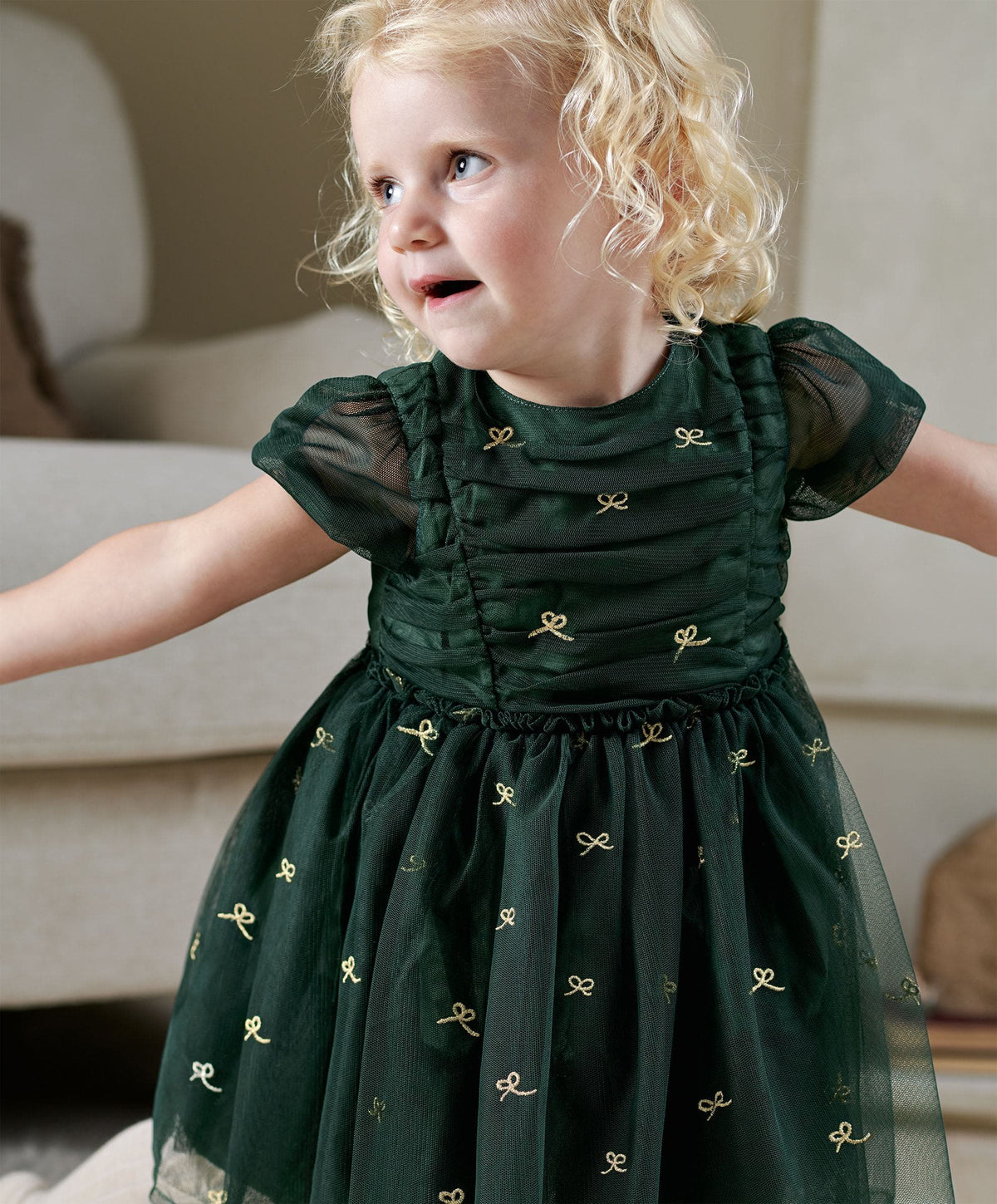 Green Bow Mesh Embroidery Dress