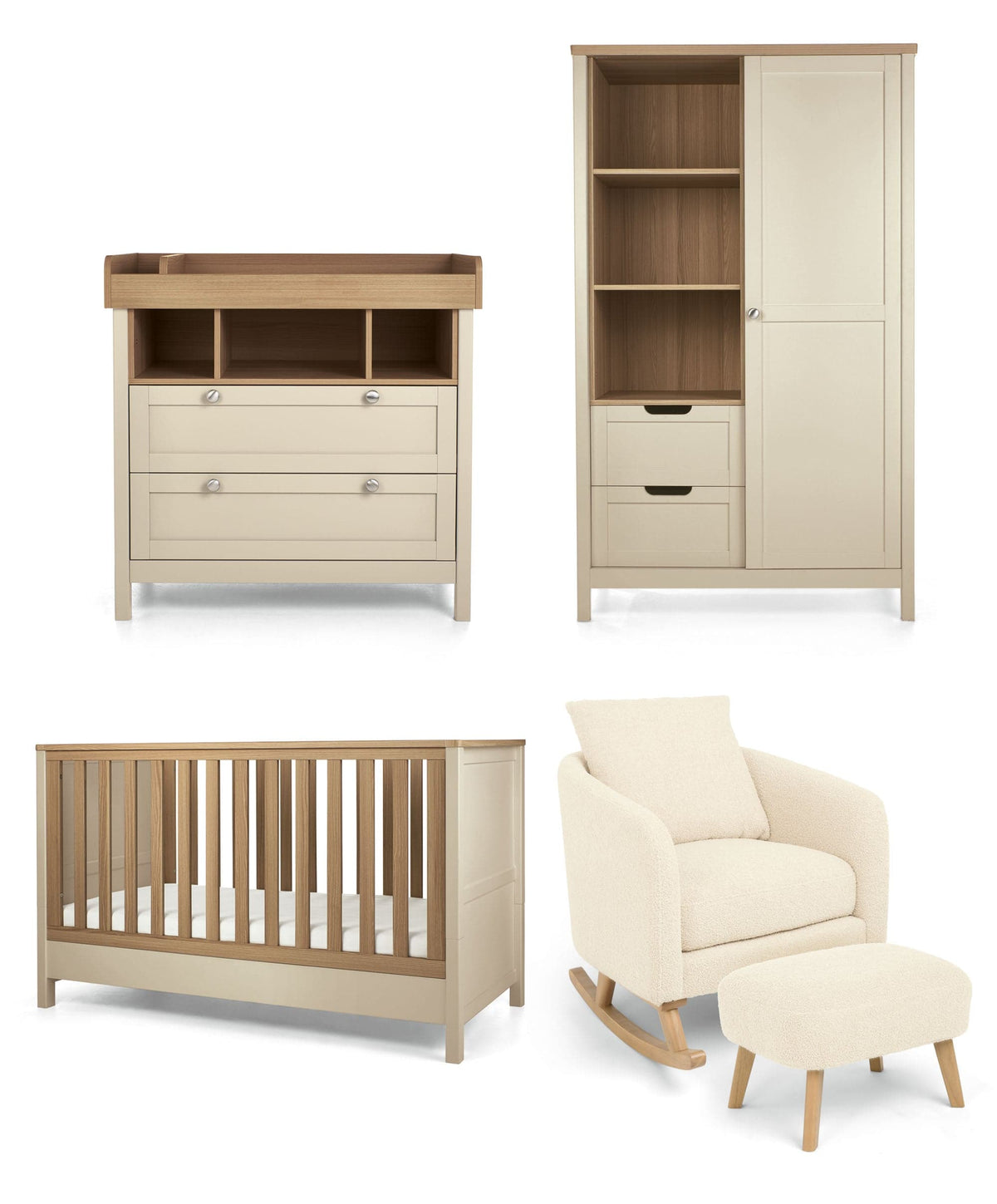 Harwell 3 Piece Cotbed Range with Alma Nursing Chair & Stool - Cashmere/Off White Boucle