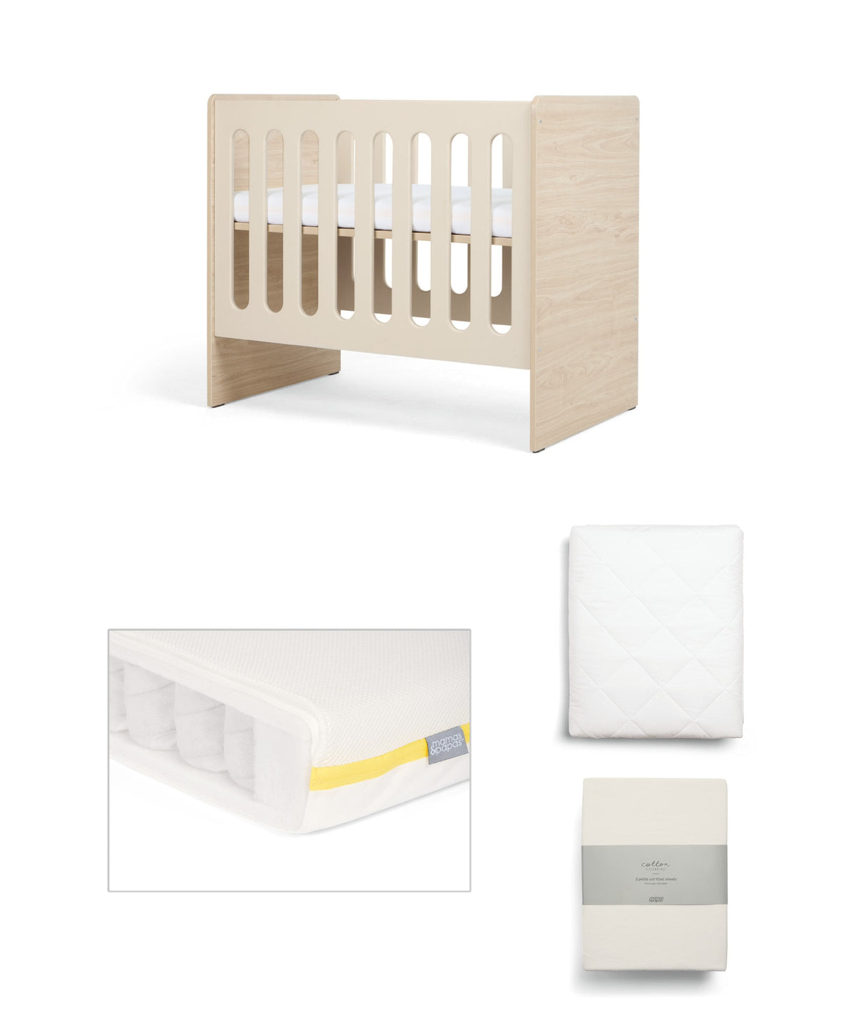 Vyne Mini Cot with Signature Airflow Fibre Mini Cot Mattress & Sheets (4 Piece) - Cashmere/Oak