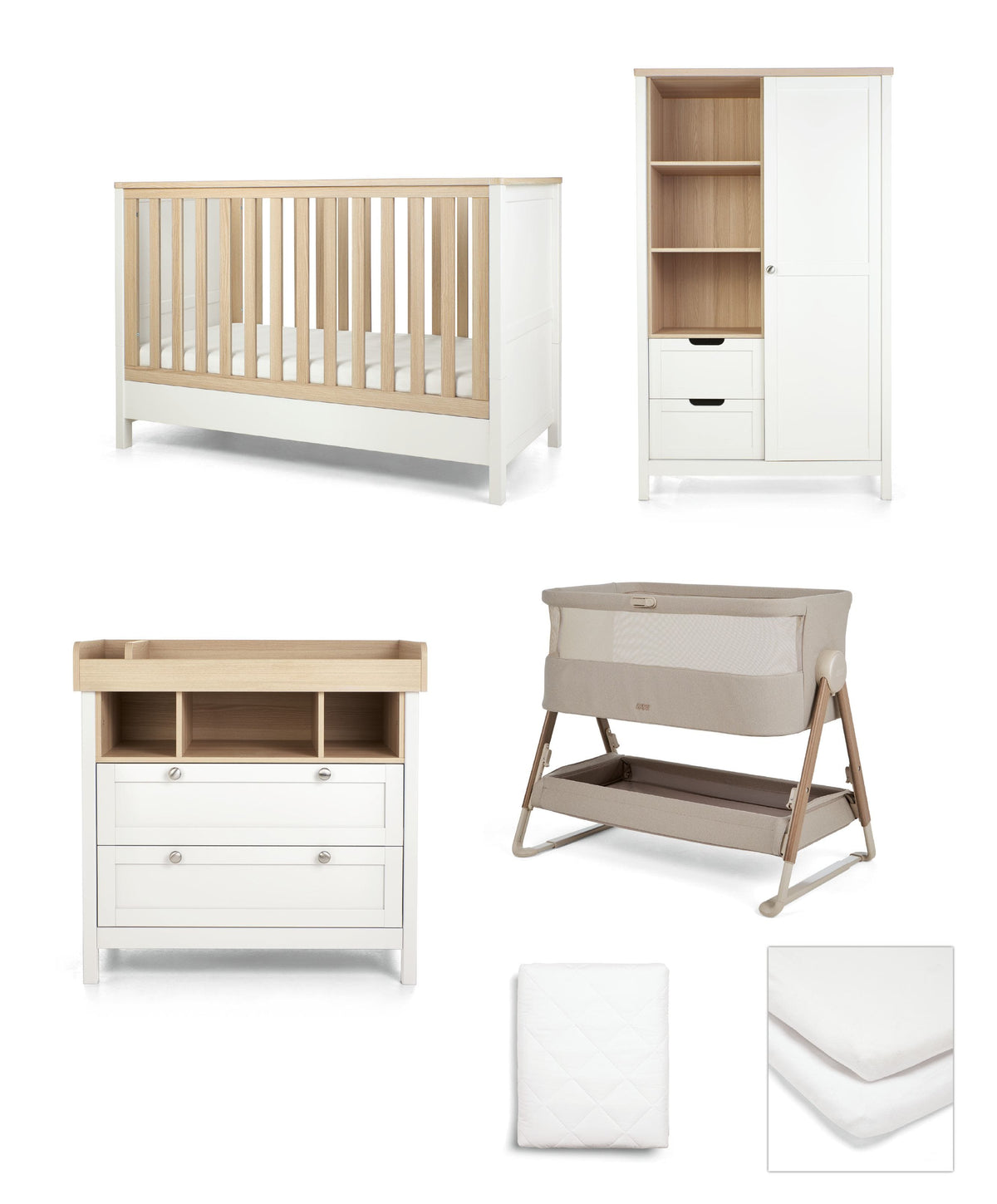 Harwell Nursery Bundle with Lua 2 Bedside Crib (6 Piece) – Mocha/White