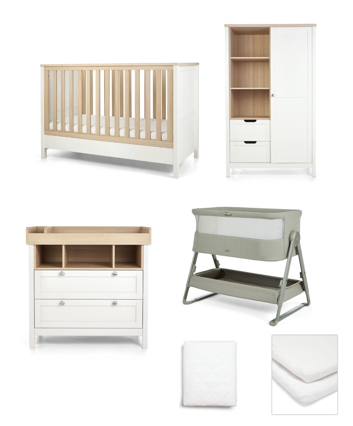 Harwell Nursery Bundle with Lua 2 Bedside Crib (6 Piece) – Thyme/White