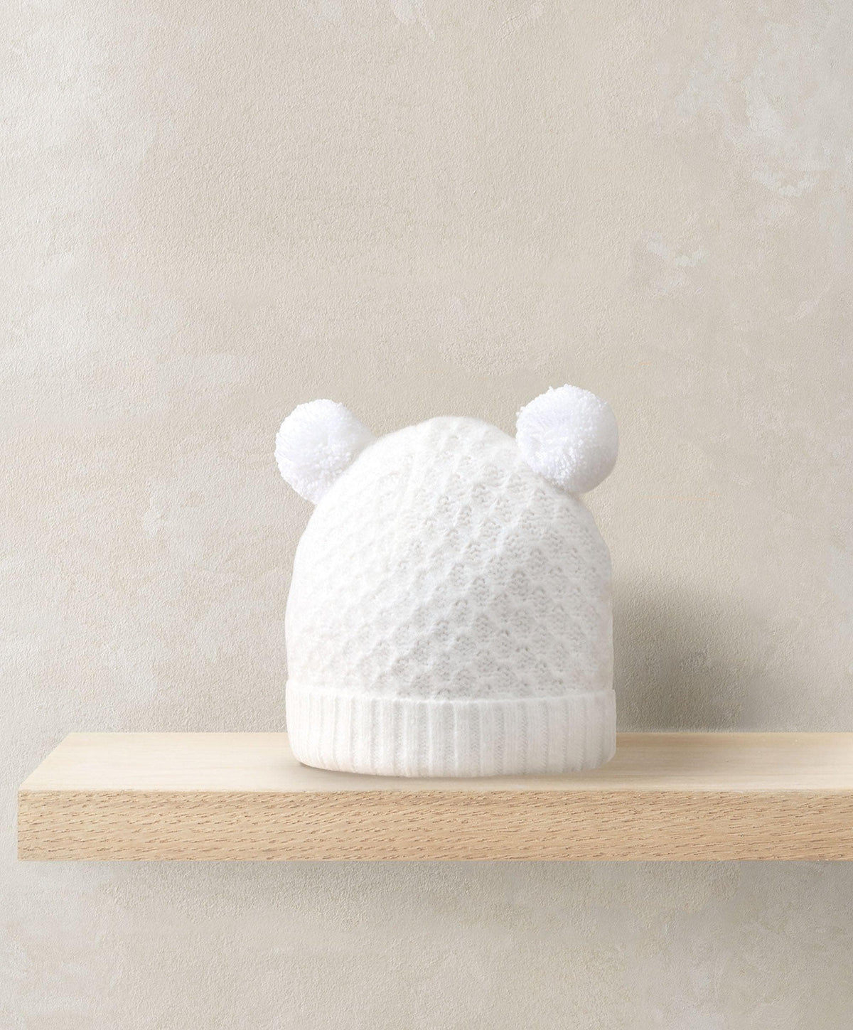 Rib Knit Hat & Pom Poms - White