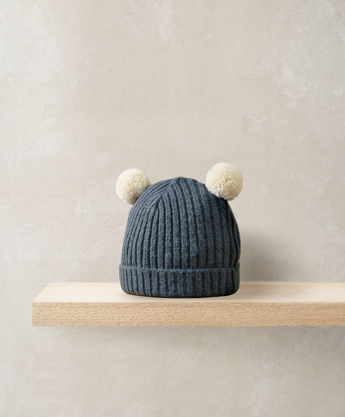 Rib Knit Hat with Pom Poms - Blue