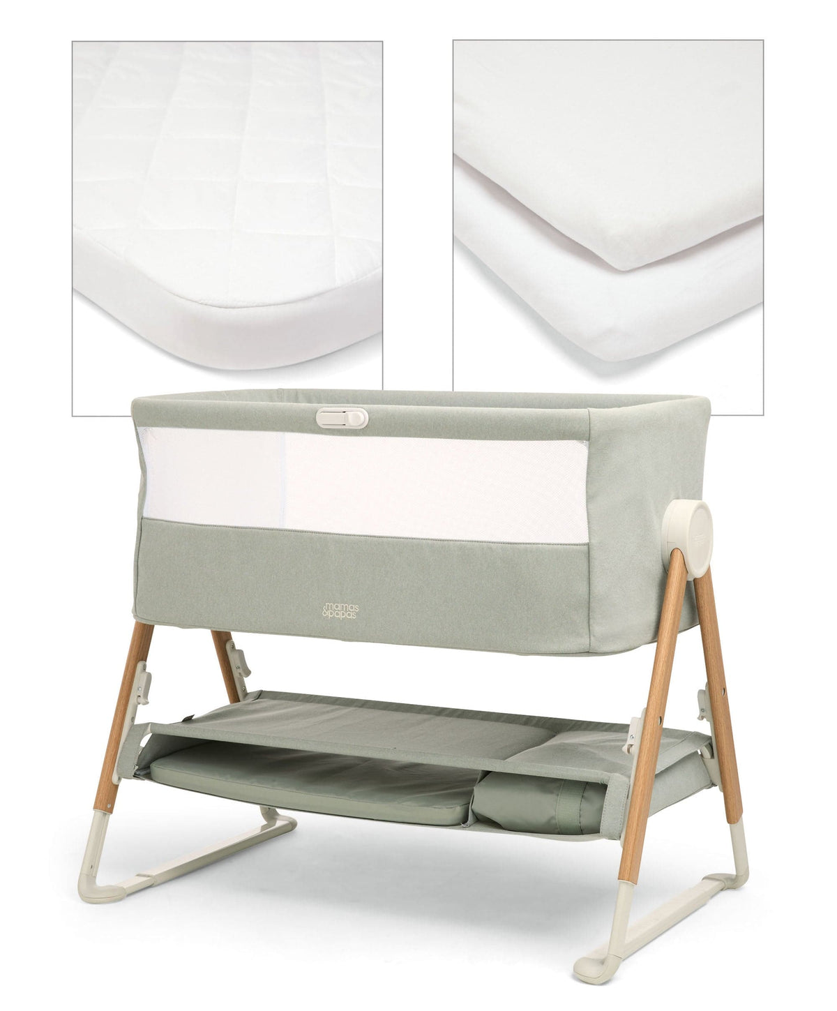 Lua Bedside Crib with Sheet & Mattress Protector Bundle - Sage/White