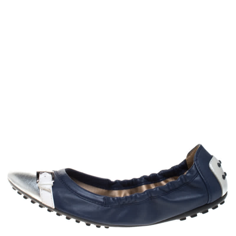 Tod's Blue/Silver Leather Cap Toe Scrunch Ballet Flats Size 36.5
