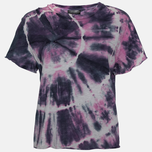 Amiri Purple Tie Dye Printed Cotton Distressed Crew Neck Top L
