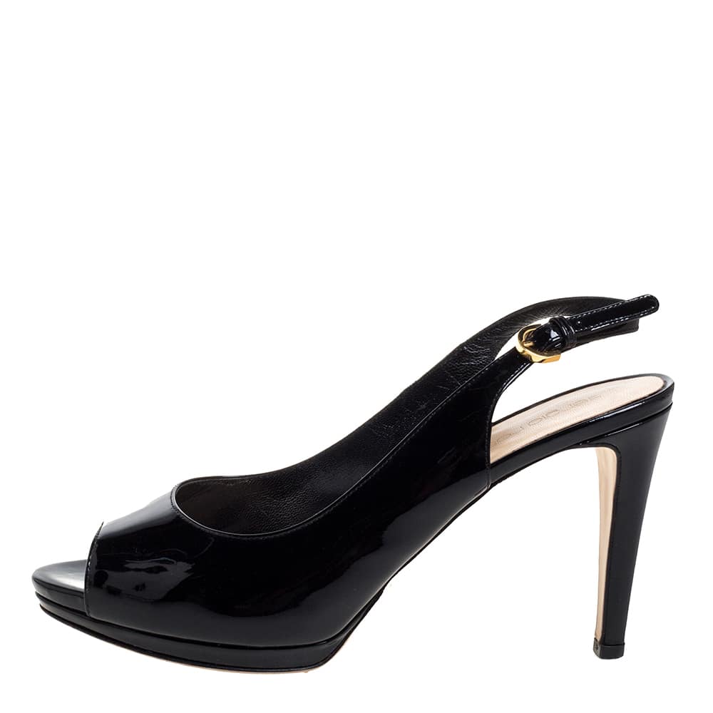 Sergio Rossi Black Patent Leather Peep Toe Slingback Sandals Size 37