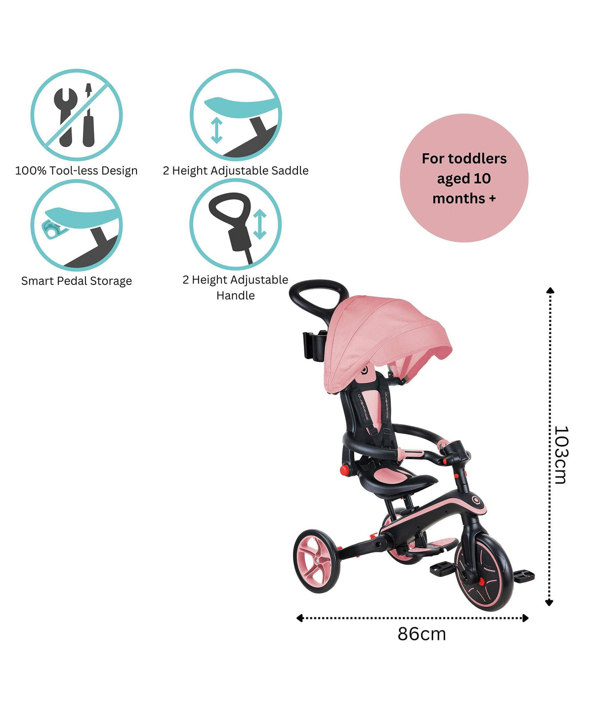 Globber Explorer Foldable 4-in-1 Trike - Pastel Pink