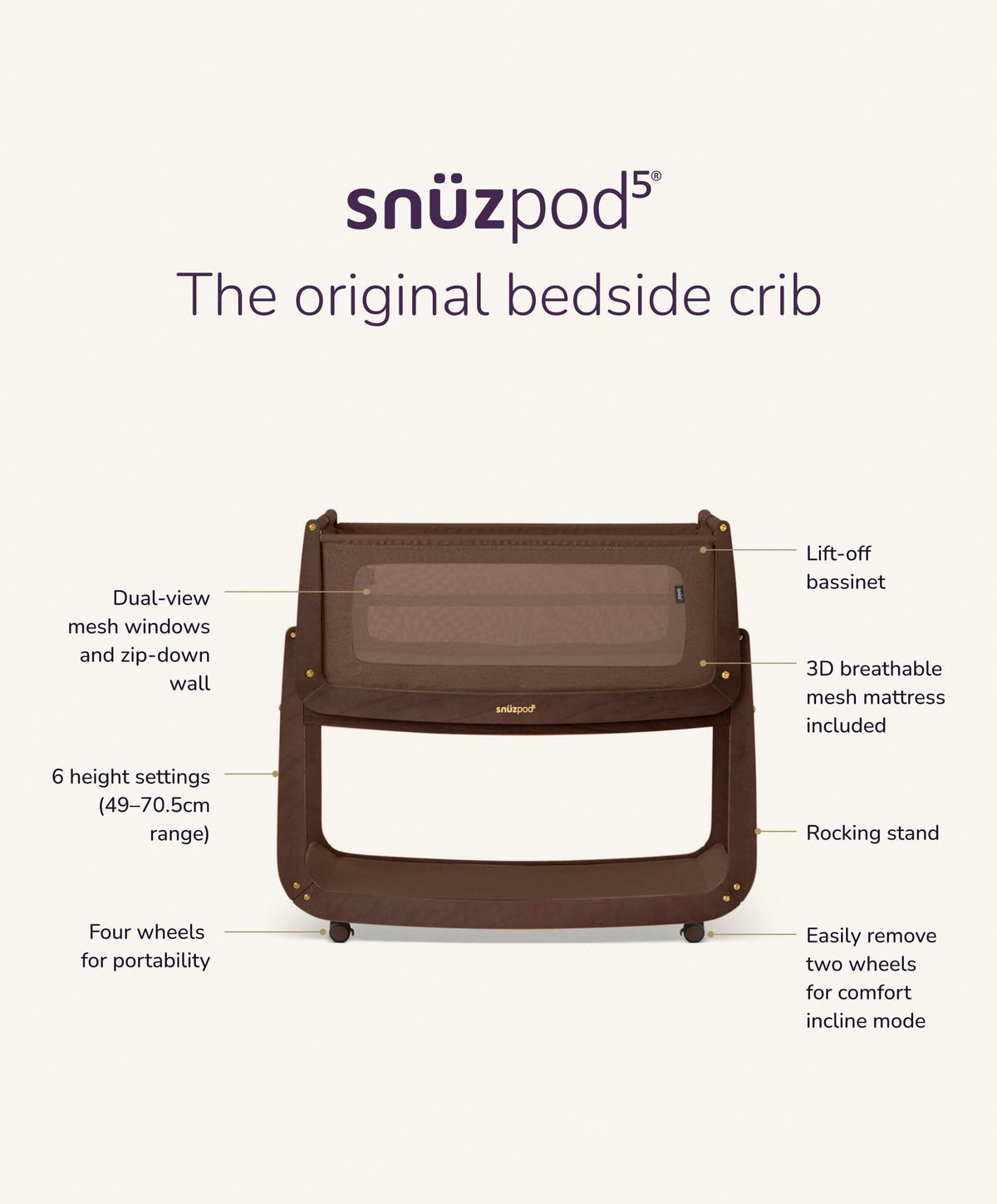 SnuzPod 5 Bedside Crib - Chocolate