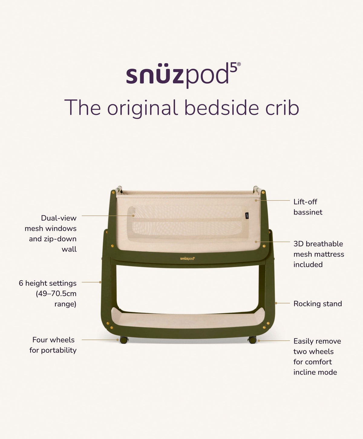SnuzPod 5 Bedside Crib - Olive
