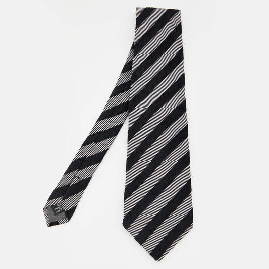 Gianfranco Ferre Grey & Black Diagonal Striped Jacquard Tie
