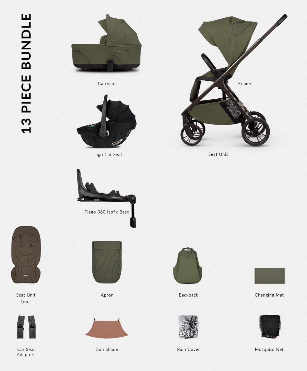 Venicci Tila Pushchair 4in1 Pushchair Bundle (13 piece) - Olive