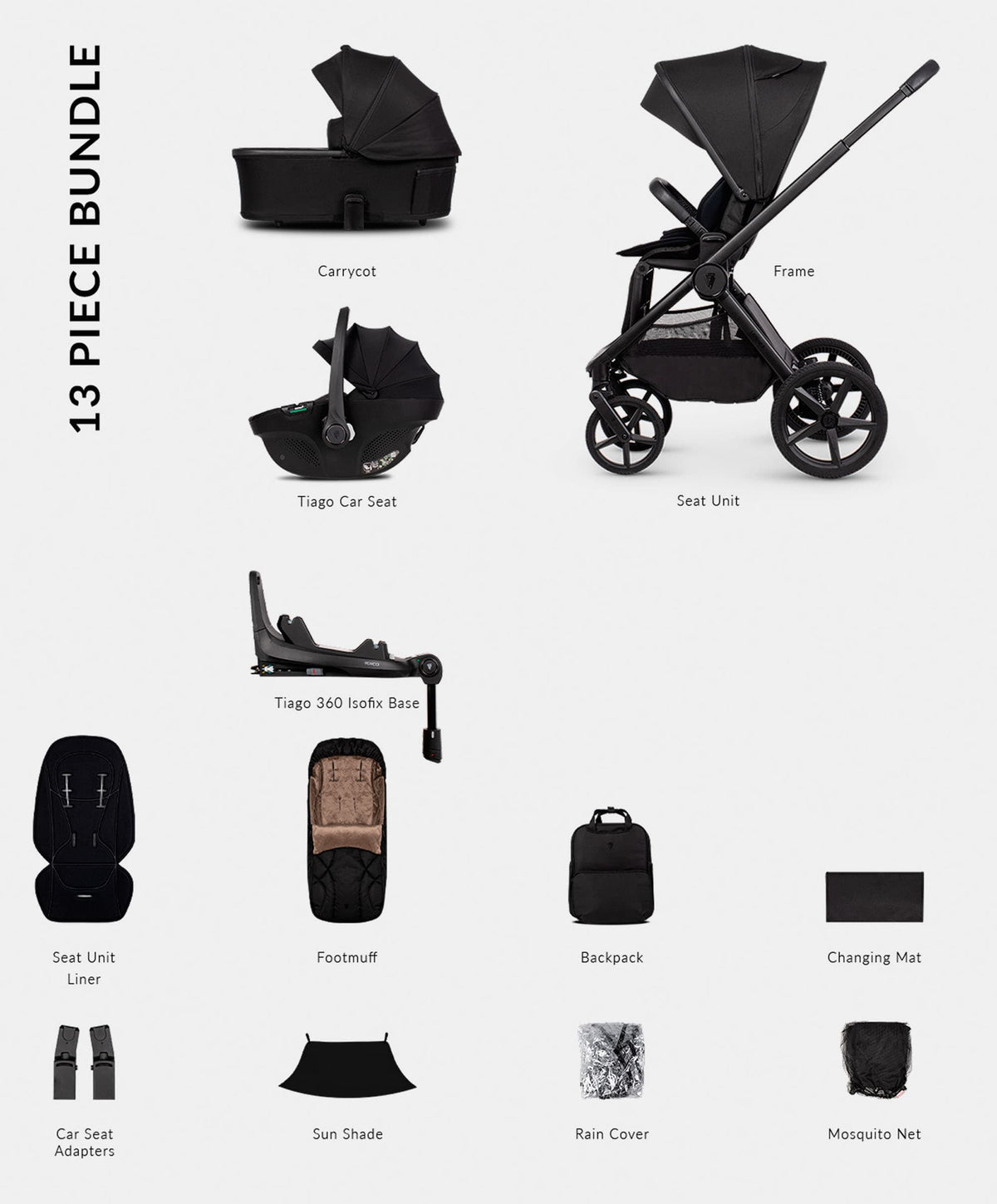 Venicci Upline3 4in1 Pushchair Bundle With Tiago 2 Car Seat (13 Pieces) - Onyx
