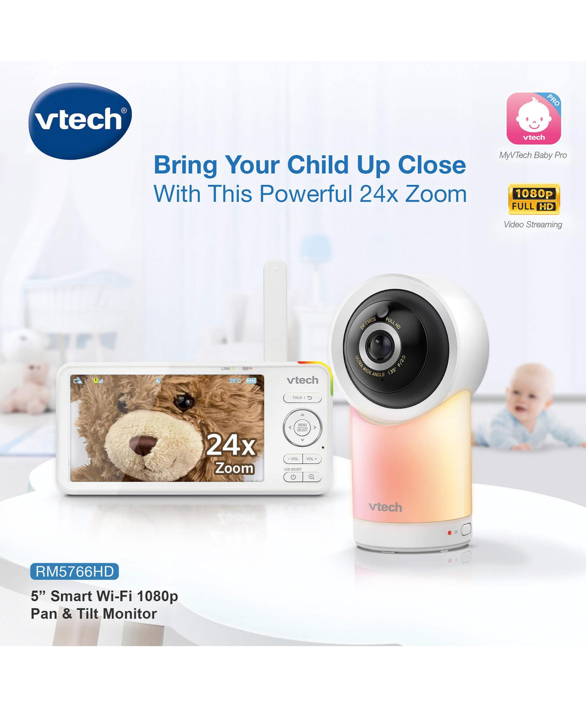 VTech RM5766HD Smart Video Baby Monitor & Camera Floorstand - White